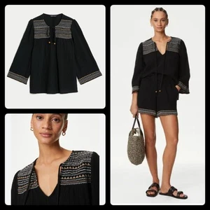 M&s black Indian Cotton Cheesecloth top arty hippy tunic smock shirt blouse s m - Picture 1 of 19