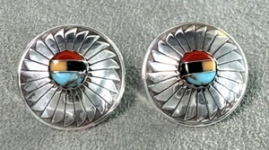 Post Earrings Turquoise Coral Jet Amber Inlay Multi Sterling Silver Stamp Work - Picture 1 of 7