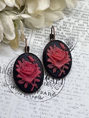 Brinco de aniversário gótico vermelho e preto bronze ouro rosa aniversário camafeu - Imagem 1 de 4