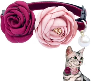 Cat Collar Necklace Breakaway with Red & Pink Flower Adjustable from 7.5" to 11. - Picture 1 of 6