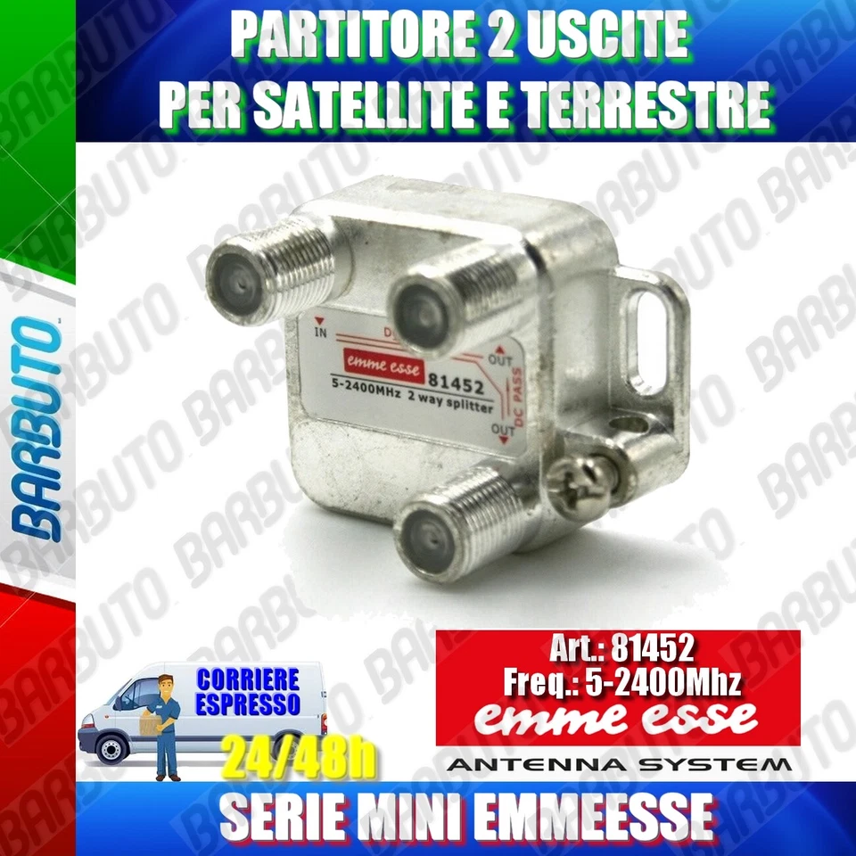 PARTITORE 2 USCITE, SPLITTER SAT, CONNETTORE F MARCA EMMEESSE SERIE MINI 81452 - Immagine 1 di 1