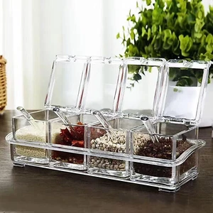 Clear Seasoning Box with 4 Spice Jars, Spoons & Tray – Condiment Organizer - Picture 1 of 5