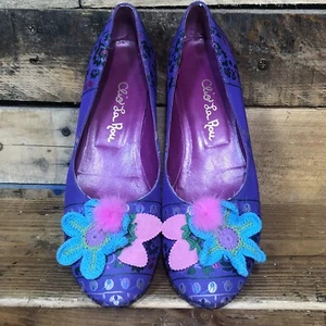 Vintage CLIO LA ROU PURPLE SATIN FLORAL EMBROIDERED CROCHET WEDGE Sz 7.5 Womens - Picture 1 of 9