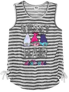 Girls Trolls Movie Messy Hair Don't Care T-Shirt Gray Stripe Poppy Tank Top - Picture 1 of 1