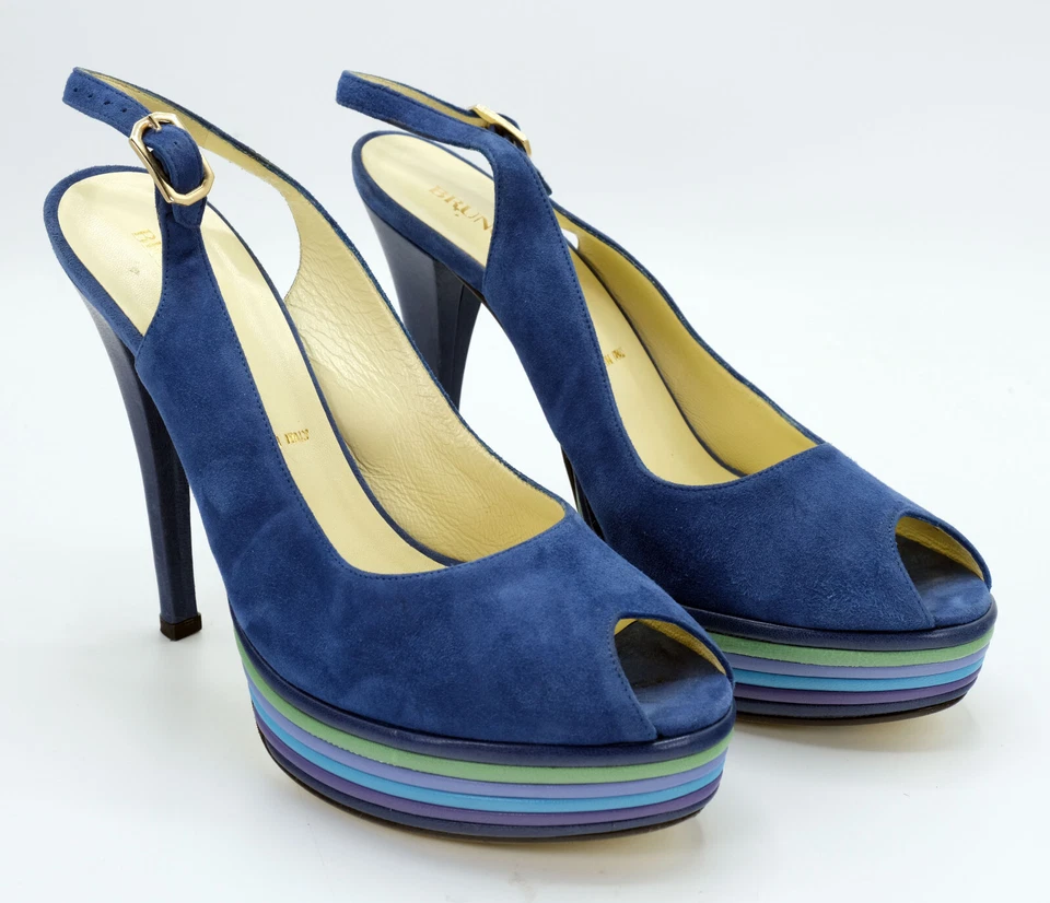 Salto agulha Bruno Magli feminino tamanho UE 39 EUA 9 azul camurça plataforma couro - Imagem 1 de 4