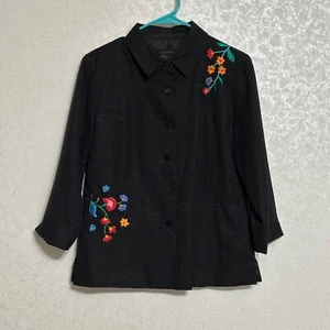 SILKLAND Black Beaded Embroidered Floral Silk Button Up Shacket Jacket Lined M - Picture 1 of 6