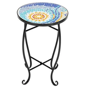 Patio Side Table Plant Stands Outdoor Accent Small Mosaic Glass Top Round Space - Picture 1 of 11