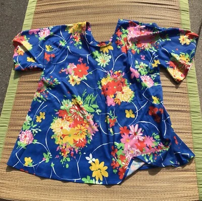 Vintage 60s 70s Blue Floral Print Blouse Shirt Groovy Flower Power Hippie - Image 1 of 4