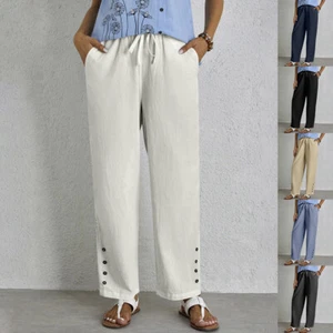 Women Casual Drawstring High Waist Pants Casual Summer Trousers Pockets Pant - Picture 1 of 21