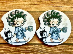 Set of 2 Custom Neoprene Car Coasters Betty Boop Morning Coffee Cat Beauty RTS - Picture 1 of 1