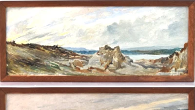 MER PAYSAGE COTIER de LE RICHE HIRNE 19e marine bretagne mer tableau peinture - Photo 1/3