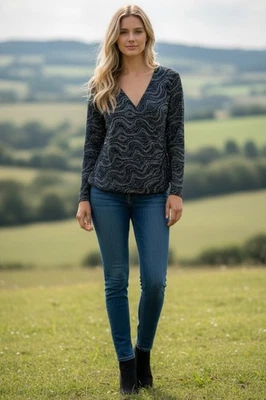 Top para mujer Dressbarn negro azul cuello en V brillante acanalado manga larga talla XL glamuroso Foto 1 de 4