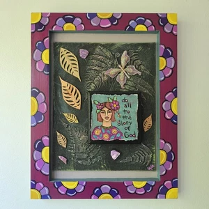 Folk Art ORIGINAL Bible Scripture Glory God Girl Butterfly Flower Leaf Botanical - Picture 1 of 12