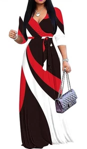 Sexy Maxi Vestido Audaz Rayas MED Envoltura Elástico Delgado Bloque de Color Informal Verano - Imagen 1 de 8
