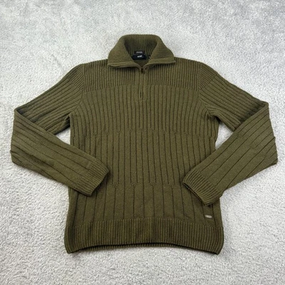 BOSS Hugo Boss Sweater Mens Small Green Wool Blend Quarter Zip Rib Knit Mockneck - Image 1 of 4