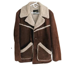 Vintage 70s Brown Suede Ranch Sherpa Lined Coat Jacket Mens 44 Medium Large FLAW - Picture 1 of 19