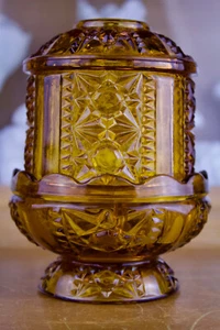 Indiana Glass Amber Stars and Bars Fairy Lamp Light Candle Votive Holder EUC - Picture 1 of 5