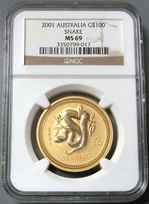 2001 GOLD AUSTRALIA $100 LUNAR YEAR OF THE SNAKE 1oz COIN NGC MINT STATE 69 - Image 1 of 3