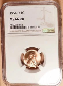 1954-D Lincoln Head Cent NGC graded MS66 RD, Bright & Lustrous (012). - Picture 1 of 2