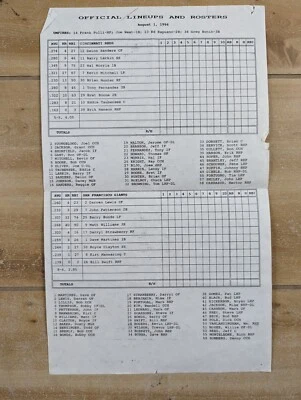 1994 Giants vs Reds Baseball Scorecard Roster Lineup Sheet Bonds Deion Sanders - Image 1 of 4