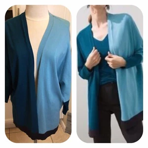 Chico’s Womens Size S/M Blue Teal Black Color Block Open Front Cardigan Sweater - Picture 1 of 9