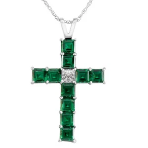 F/VS 6Ct TW Princess Cut Diamond & Emerald Cross Pendant Necklace Gold Lab Grown - Picture 1 of 8
