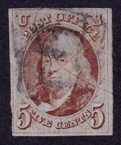 US Scott 1, 1847 Franklin, 5c rojo marrón, BIEN USADO - Imagen 1 de 2