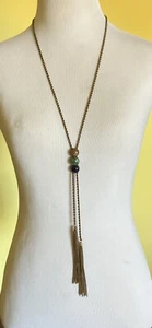 Vintage Gold TONE Double Chain Link Necklace And Tassel Pendant Bolo Stone - Picture 1 of 6