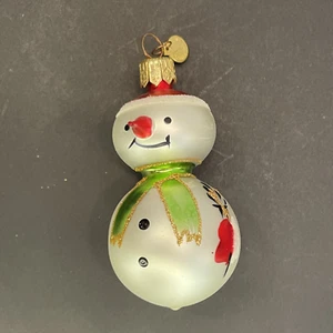Vintage Department 56 Glas Schneemann Weihnachtsschmuck grün Schal Uhr Anhänger - Bild 1 von 6
