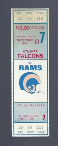 RON JAWORSKI DEBUT ? - 1974 NFL ATLANTA FALCONS @ LOS ANGELES RAMS FULL TICKET Cover