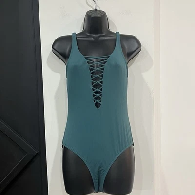 Traje de baño Nicole Miller verde azulado de una pieza con cordones talla mediana Foto 1 de 4