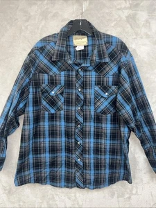 Wrangler Shirt Men’s 2XL Dark Black & Blue Plaid Pearl Snap Untucked Cotton Bl - Picture 1 of 7