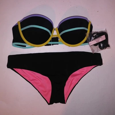 Bikini de Natación Victoria Secret 34B Top Pequeño Inferior Negro Multi Bandeau Sólido Nuevo Foto 1 de 4