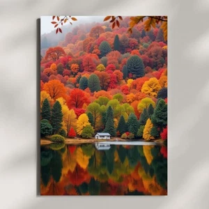 Vibrant Autumn Forest Lake Poster - Colorful Fall Reflection Wall Art Decor - Picture 1 of 5
