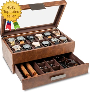 Uhrenbox mit Stummer Diener Schublade für Herren 12 Fächer Luxus Gehäuse Display Uhren Organizer - Bild 1 von 5