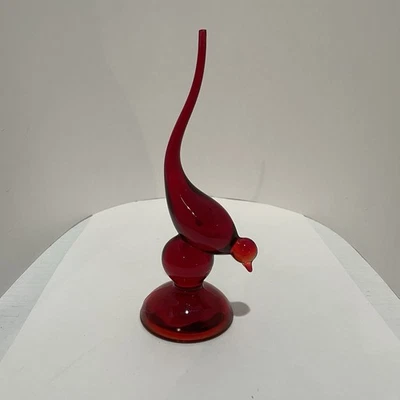 Red RUBY MCM Viking Glass Large Long Tail Bird - Broke Off End Tail Glows - Image 1 of 4