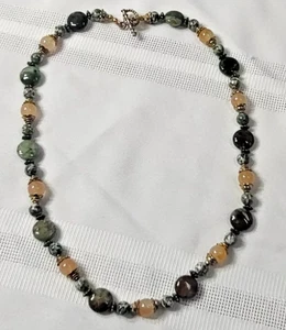 Collana Vintage Agata Perline Toni Terra Verde Marrone Tono Oro 11" Chiusura a Levetta - Foto 1 di 14