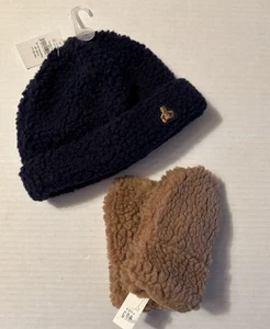 NUEVO CON ETIQUETAS*Baby Gap Infant Boy Sombrero Sherpa Azul Marino 6-12 M y Mitones Sherpa Tostados XS-S**¡LINDO!! - Imagen 1 de 5