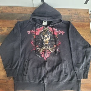 Avirex Hoodie Mens 3XL Black Y2K Rhinestone Skulls Grunge Metal Classic Hiphop - Picture 1 of 14