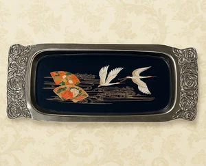 Vintage 1960s -Japanese Lacquer Serving Tray – Cranes & Floral Fans /Silver Tone - Picture 1 of 20