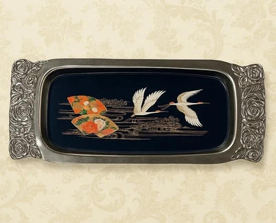 Vintage 1960s -Japanese Lacquer Serving Tray – Cranes & Floral Fans /Silver Tone - Image 1 of 4