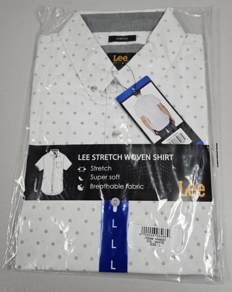 Lee Men's Short Sleeve Button Down Stretch Woven Shirt White Size L