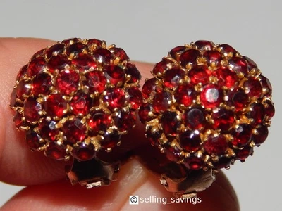 14K YELLOW GOLD GARNET CLUSTER 6/10th INCH BALL CLIP ON OMEGA BACK EARRINGS - Image 1 of 4