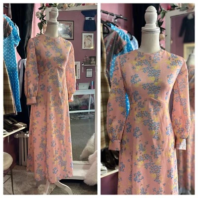 Vintage 60s 70s Floral Print Maxi Dress Pink Boho Hostess Bias Cut Hippy - Image 1 of 4