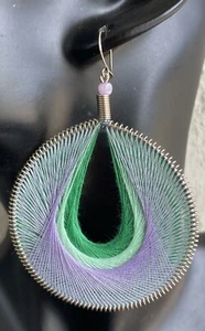 Große Seidenfaden Runde Ohrringe Grün Lila Alpaka Silber Peruanisch Handarbeit  - Bild 1 von 7