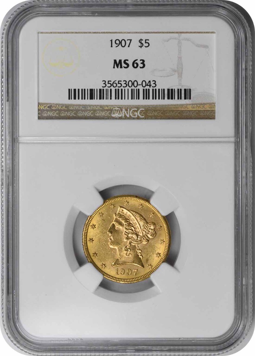 MS 63 Graded 1907 Year Half Eagle $5 US Gold Coins (Pre - 1933 
