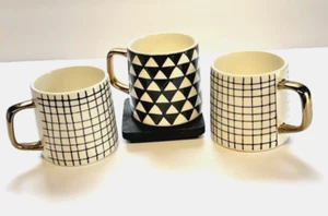 Set of 3 Black and White Geometric Print Thyme and Table Mugs Gold Handles - Picture 1 of 8