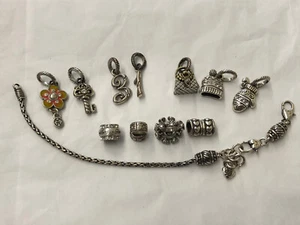 BRIGHTON SILVER PLATED Barrel Slide CHARM BRACELET  With 7 Charms & 7 Spacers - Picture 1 of 10