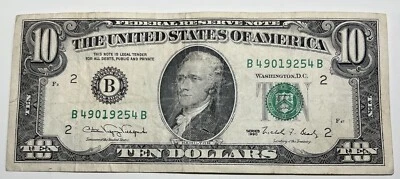 1990 $10 Ten Dollar Bill Federal Reserve Note  New York Vintage Old Currency - Image 1 of 4