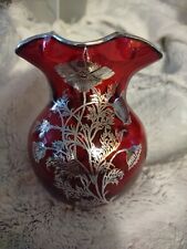 Vintage Rockwall,  Ruby Red Blown Glass Vase With Heavy Silver Overlay, Poppy.